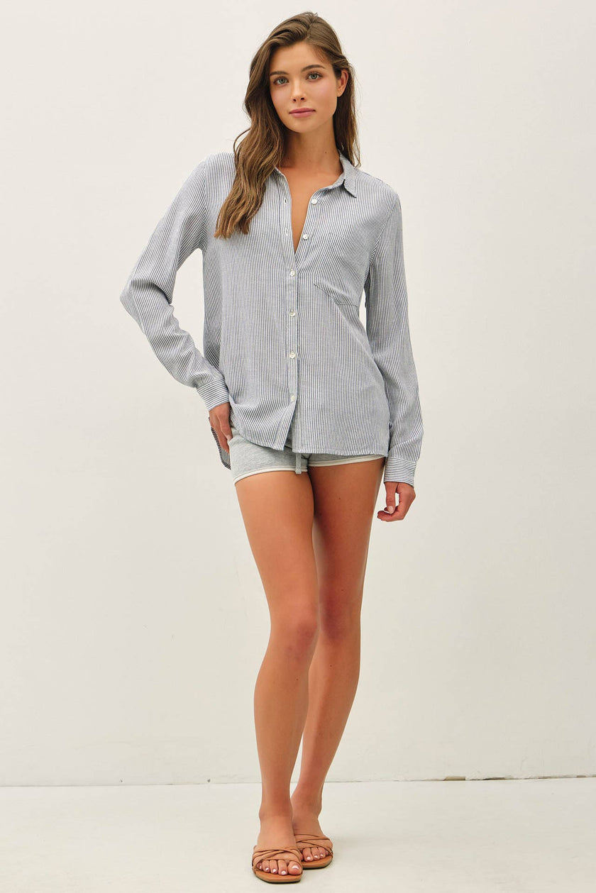 LINEN BLENDED STRIPE BOXY SHIRT-DENIM