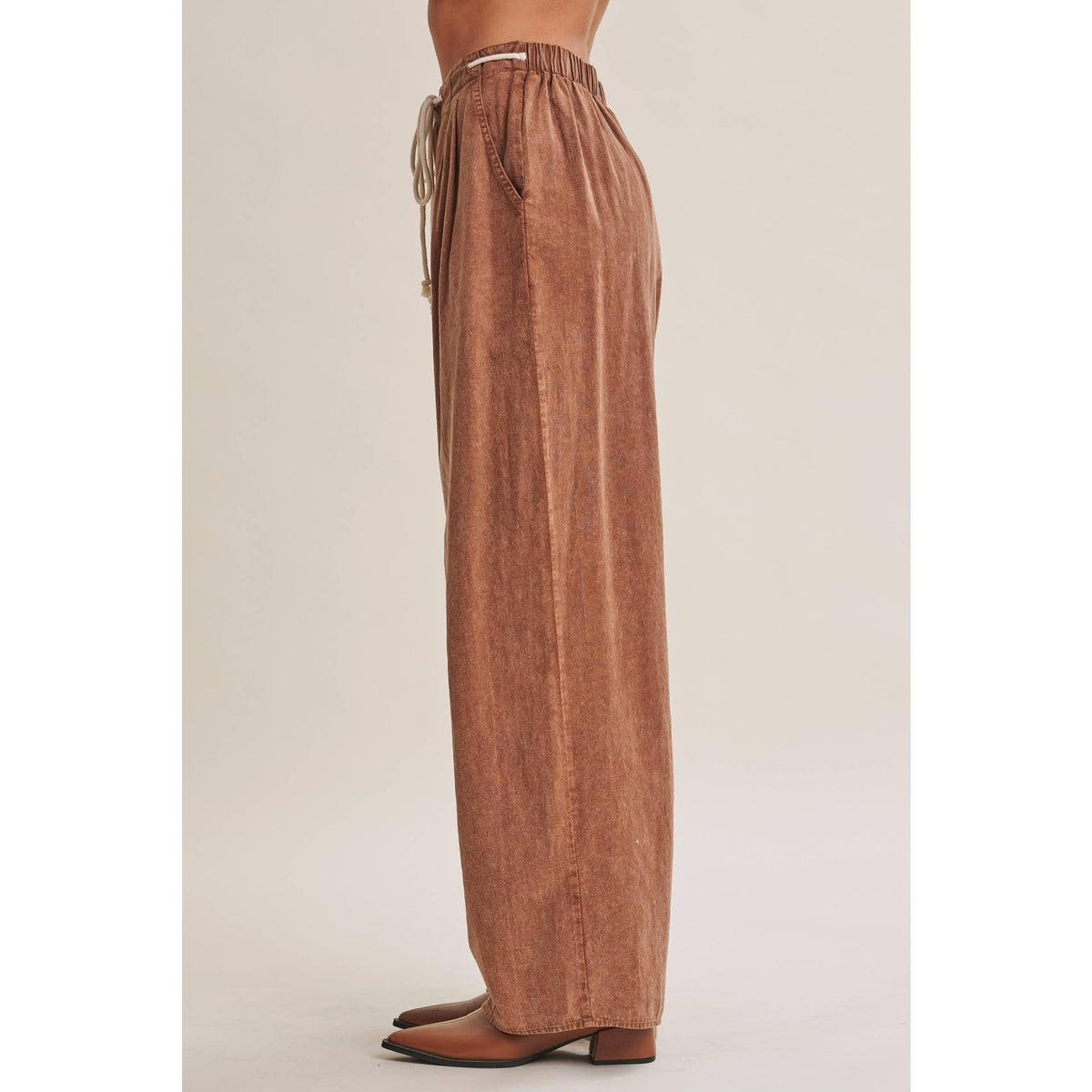 EASY CHOICE MINERAL-WASHED COTTON PLEATED WIDE-LEG PANTS