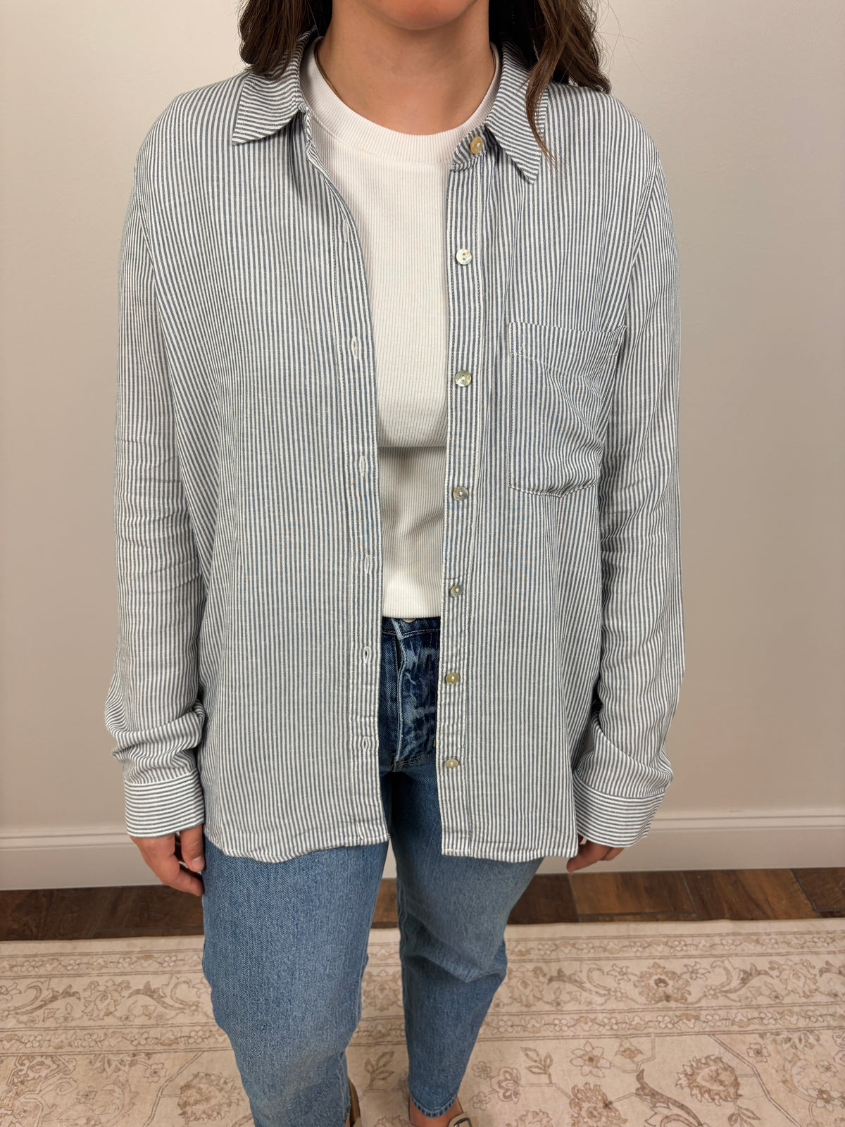 LINEN BLENDED STRIPE BOXY SHIRT-DENIM