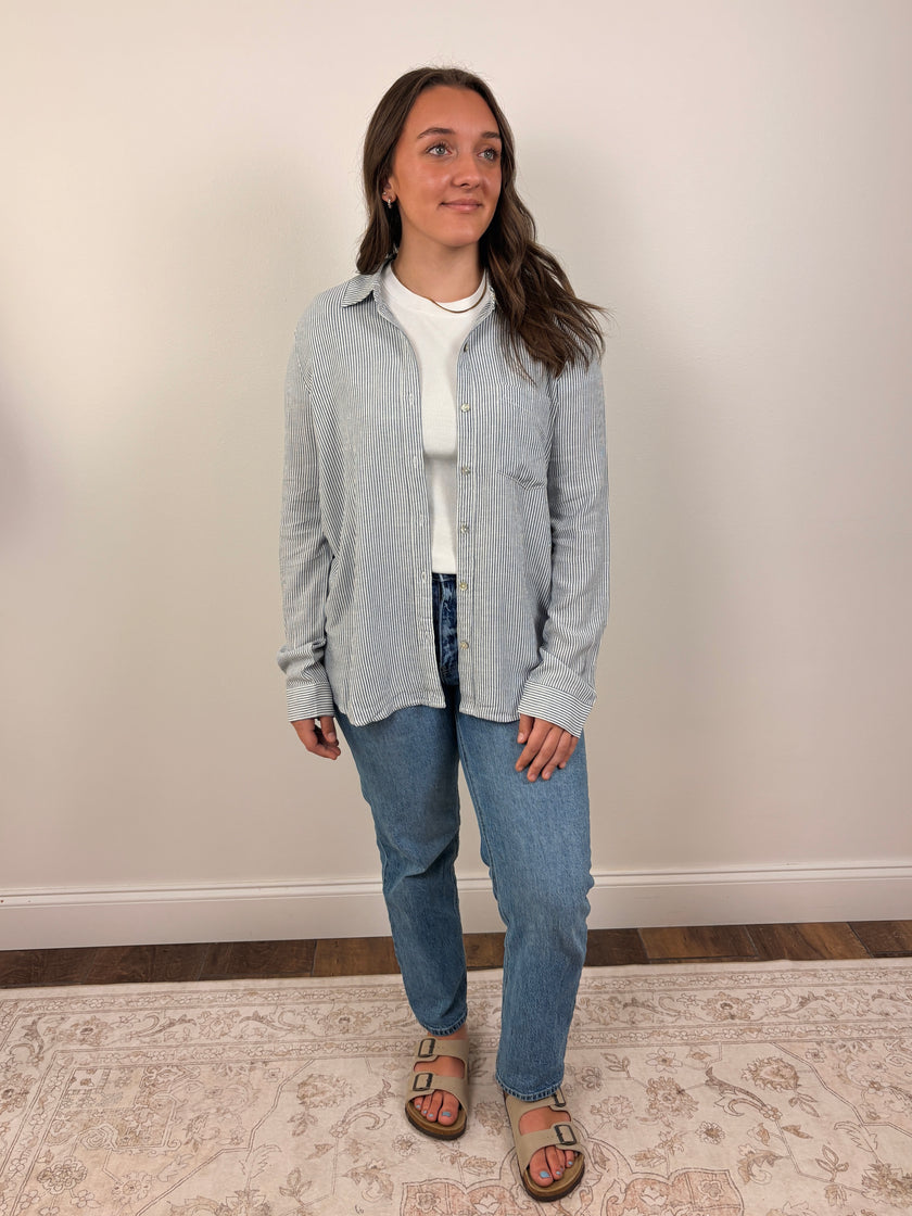 LINEN BLENDED STRIPE BOXY SHIRT-DENIM