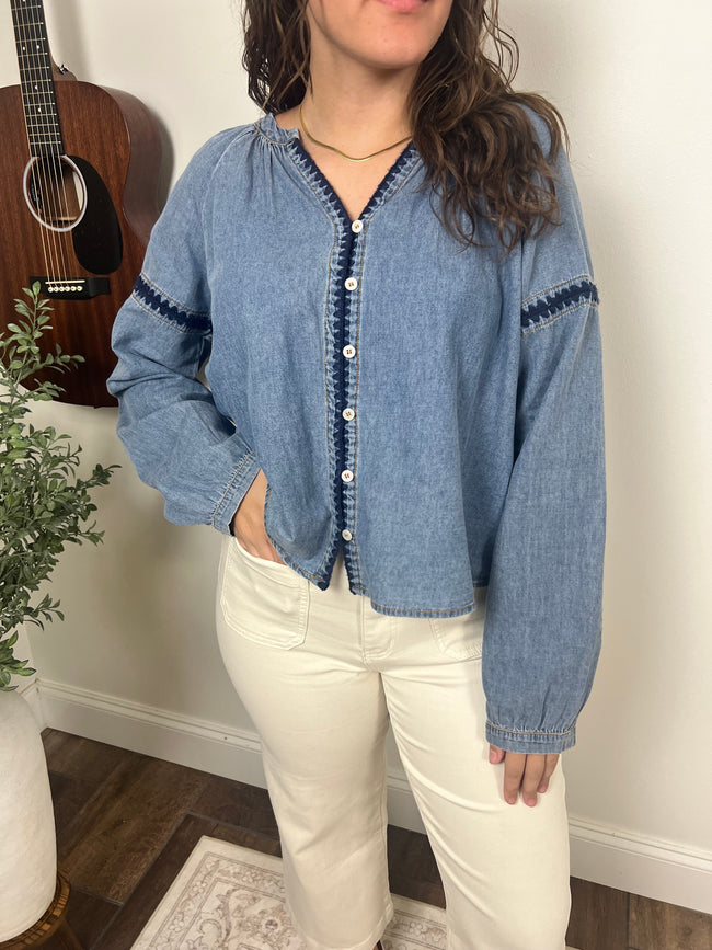 Morning Dew Washed Embroidered Blouse - 100% Cotton