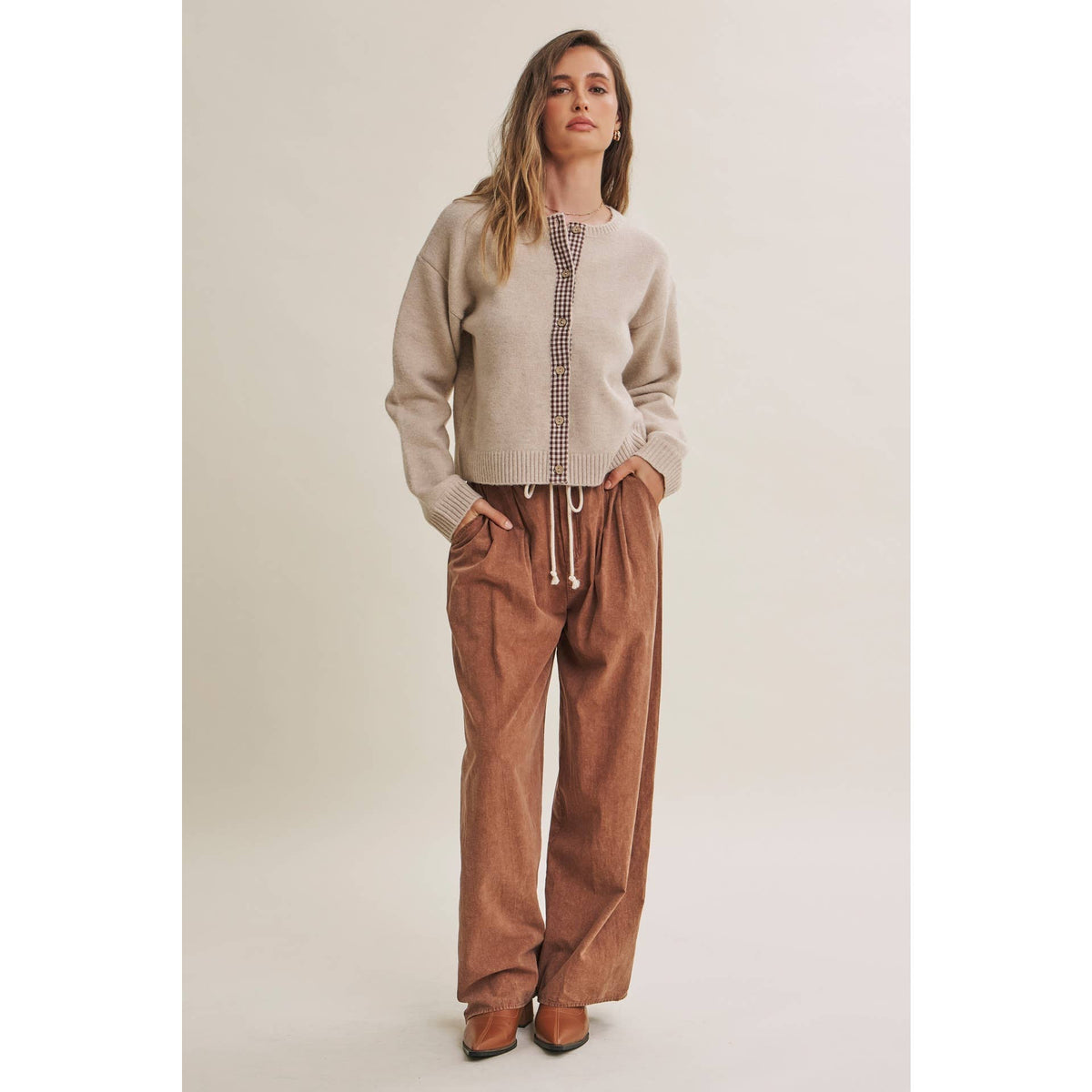 EASY CHOICE MINERAL-WASHED COTTON PLEATED WIDE-LEG PANTS